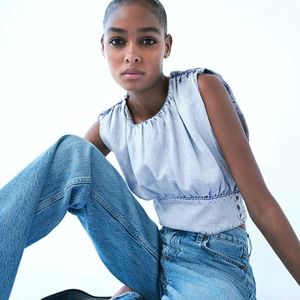 Zara Draped Denim Open Back Crop Top